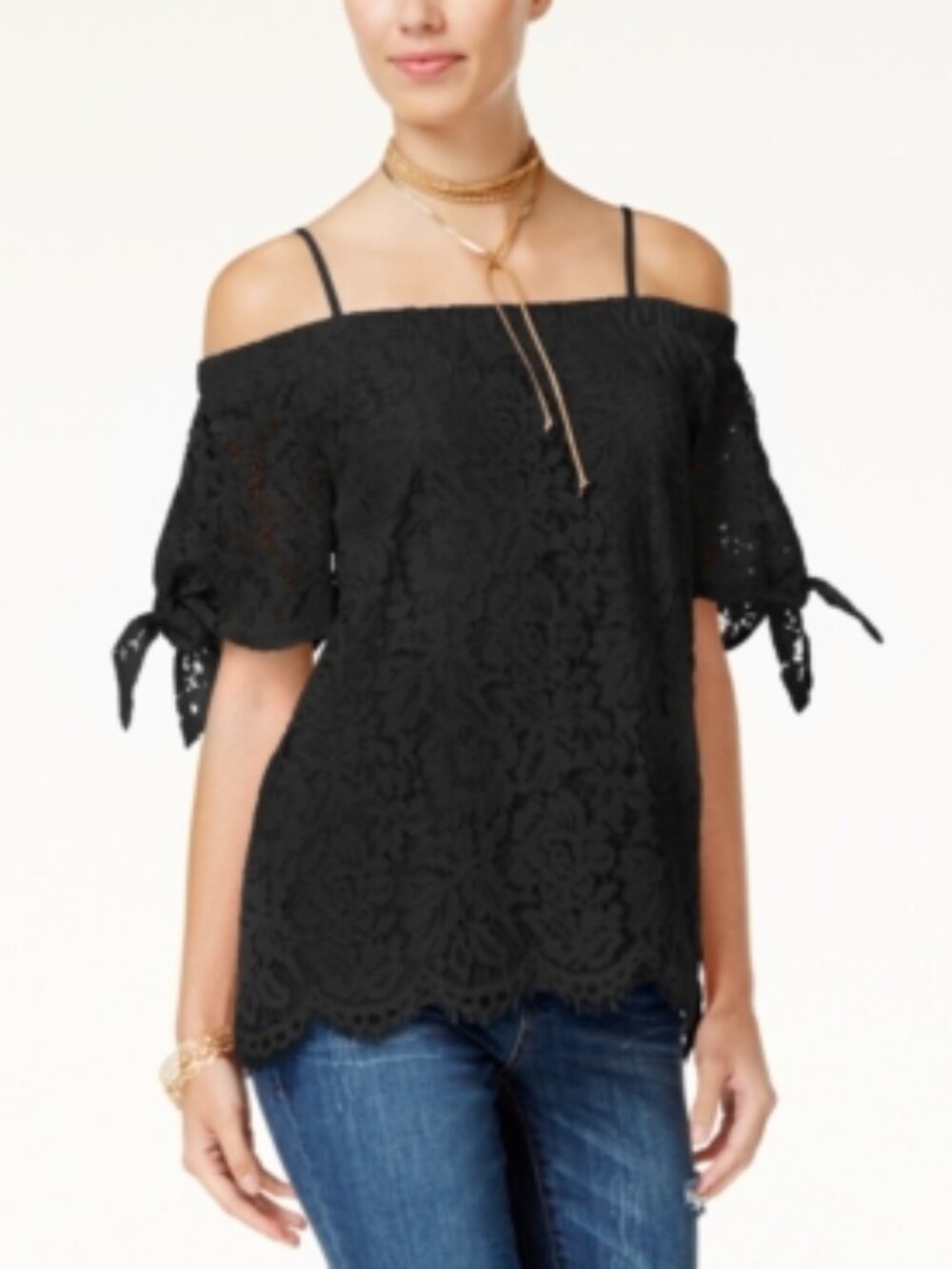 Miss Chevious Women's Lace Off the Shoulder Adjustable Strap Short Sleeve Blouse